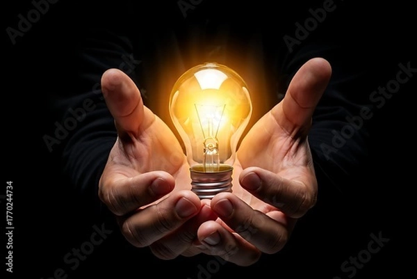 Fototapeta Hands Carefully Holding a Glowing Light Bulb Symbolizing Innovation Creativity and the Power of Ideas on a Dark Background
