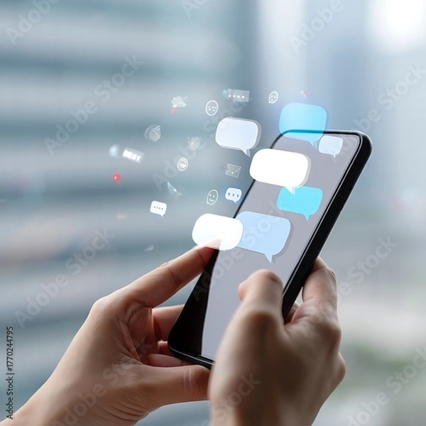 Fototapeta Hands holding smartphone with messaging icons and social media notifications representing digital communication and interaction in modern society