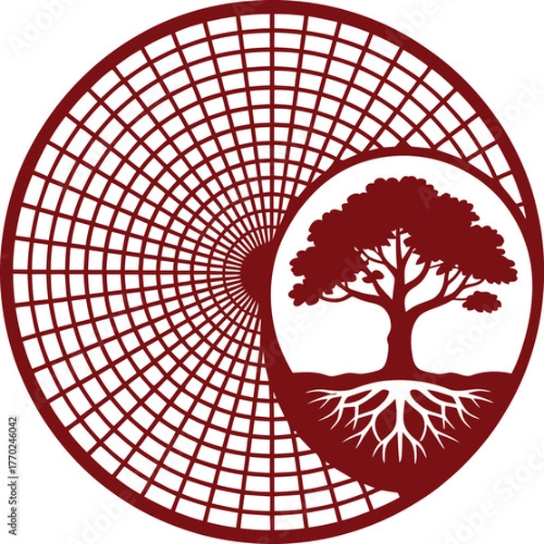 Obraz Vector Red Earth and Tree Logo: Global Grid Background with a Rooted Tree Silhouette in a Circular Icon.