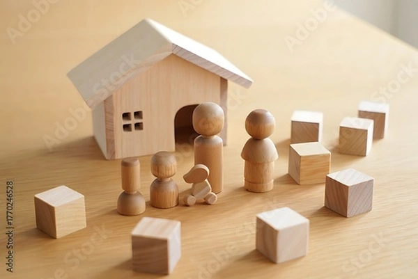 Fototapeta Wooden Toy House Family and Blocks representing Home Ownership and Financial Security with Focus and Shallow Depth of Field