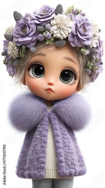 Fototapeta Enchanting Floral Maiden: A whimsical portrait of a captivating little girl, adorned with a delicate floral wreath and a matching purple cloak, radiating an aura of innocence and grace. 