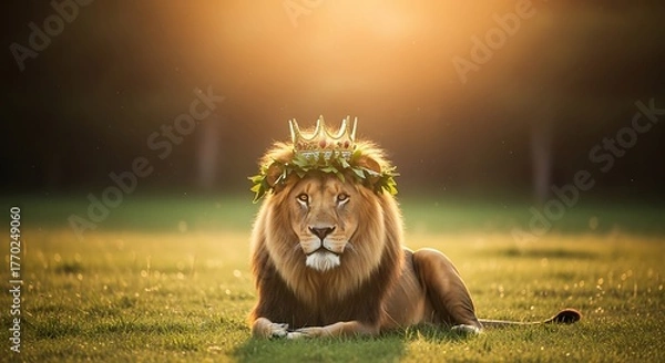 Obraz Powerful lion king wearing golden crown and laurel wreath sits peacefully on grassy field at sunrise