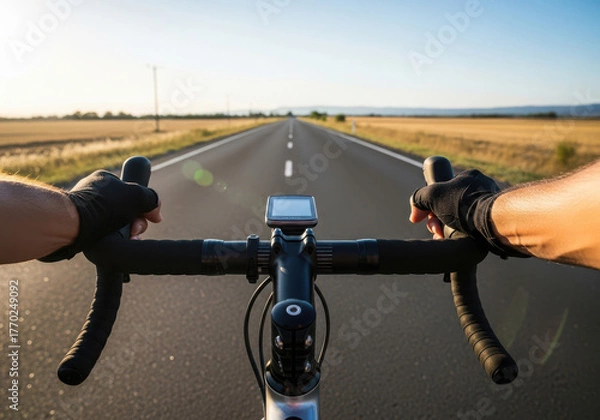 Fototapeta First person view of cycling on an open road at sunset