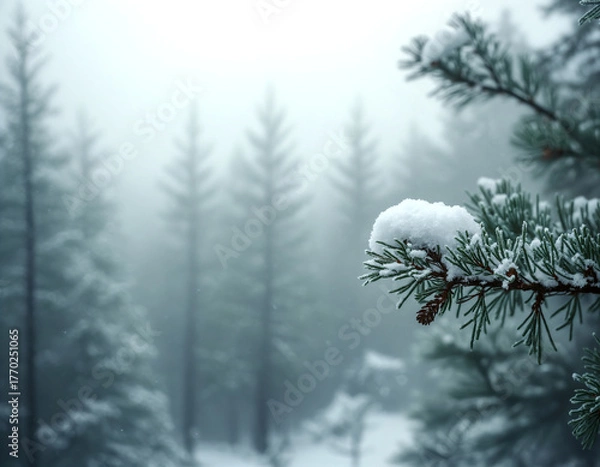 Obraz Close-up of a snow-covered pine branch and pinecone with a foggy, moody winter forest of evergreen trees blurred in the background. Excellent copy space for text.