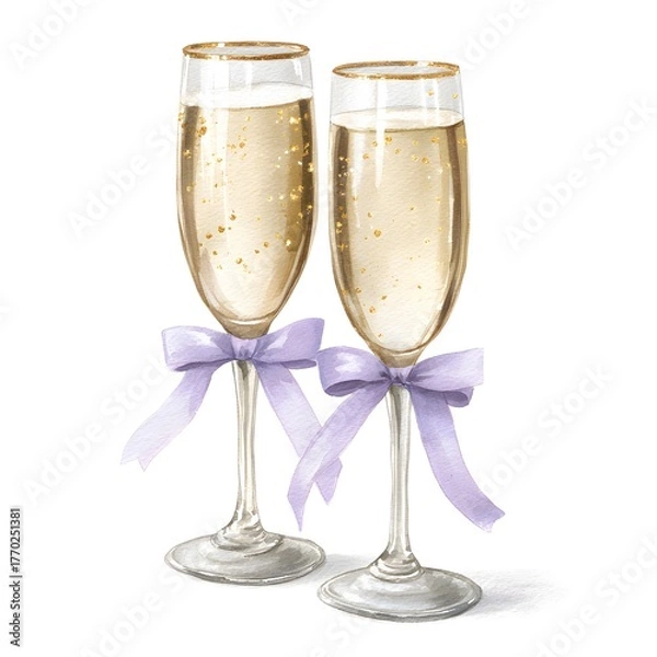 Fototapeta Watercolor champagne glasses: two elegant flutes with sparkling gold bubbles and purple ribbon bow, isolated celebration element