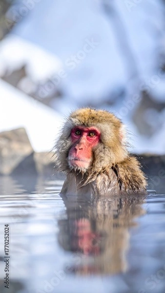 Obraz Japanese Macaque Relaxing in Hot Spring Water