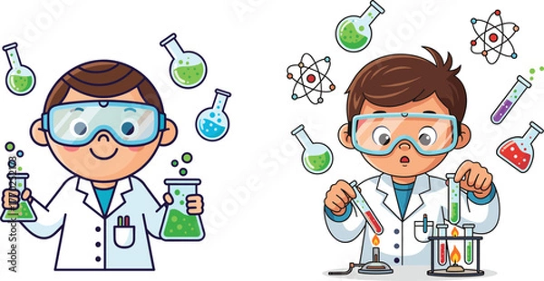 Fototapeta Cartoon young scientists, kids in lab coats, chemistry experiment, STEM education, goggles, bubbling flasks, atomic symbols, vector illustration, science discovery, classroom activity
