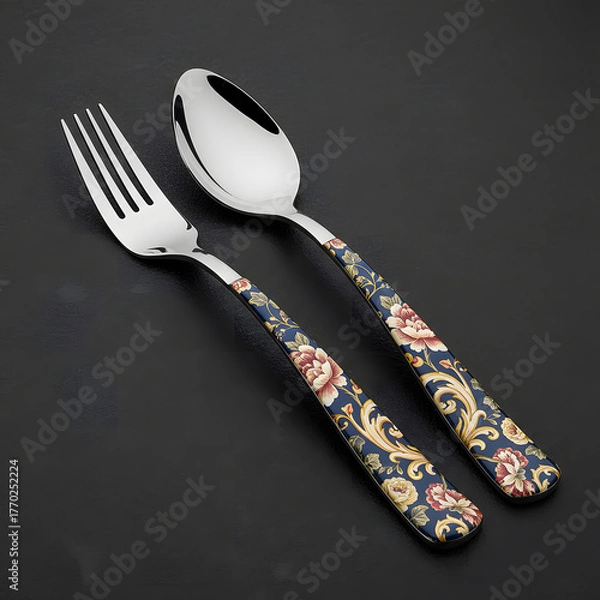 Fototapeta A striking set of premium stainless steel cutlery featuring a dinner fork and a table spoon, elegantly poised against a sleek black background.The design is opulent, floral, and vintage-inspired.