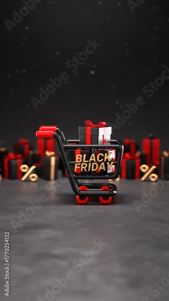 Fototapeta Black Friday scene with a shopping cart full of black and red gifts, surrounded by presents and percentage symbols on a dark background in 3D illustration