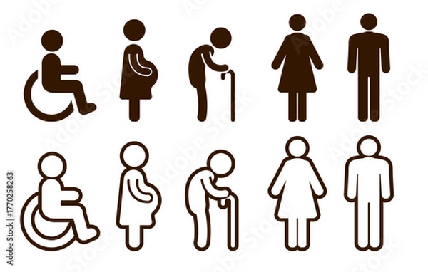 Obraz Icons and Symbols for Restrooms Toilet for Men  Women the Elderly and the Disabled Cartoon Silhouette and Outline Graphic Vector