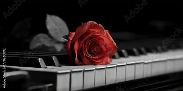 Obraz Single Rose On Piano. Red Beauty on Piano Keyboard, Musical Instrument