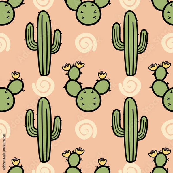 Fototapeta A seamless pattern featuring different styles of cartoon cacti and succulents with light swirls on a soft coral background. This minimalist design is for a background, digital paper or textile print.
