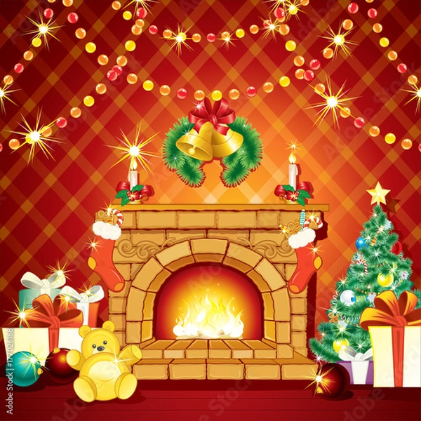 Obraz Festive Xmas Interior with Fireplase, Gifts and Pine Tree