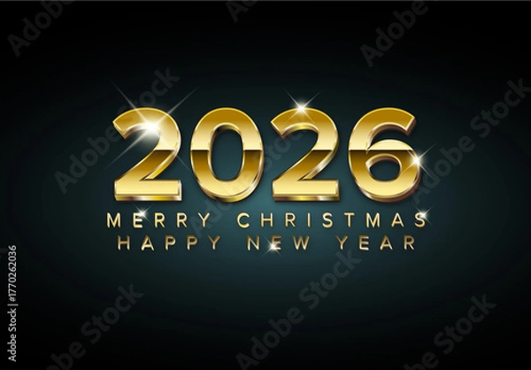 Fototapeta Merry Christmas and Happy New Year 2026 Golden Text Design Christmas Card Template