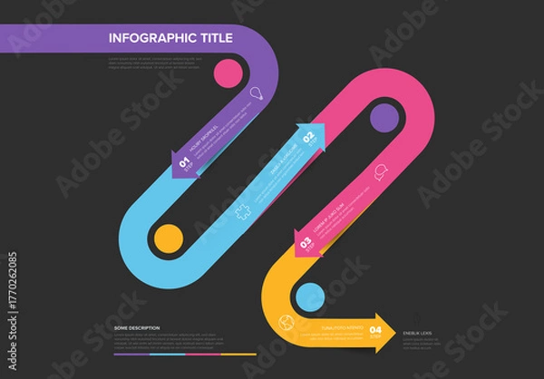 Fototapeta Colorful Wavy Infographic Diagram with Four Steps on Dark Background