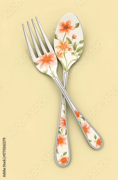 Fototapeta an elegant set of stainless steel cutlery, featuring a dinner fork and an oval spoon crossed gracefully against a soft pastel yellow background. The flatware boasts a smooth, polished finish