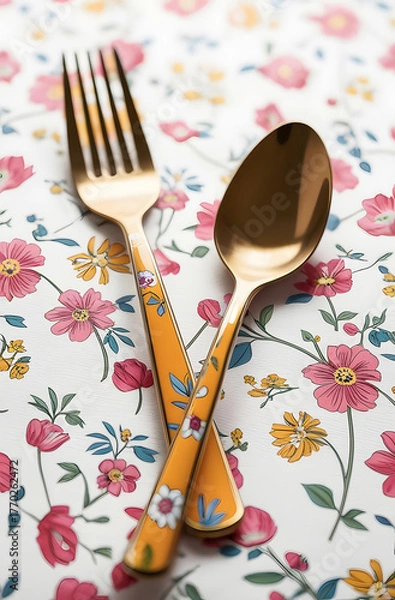 Fototapeta a stylish and premium set of cutlery, consisting of a dinner fork and a table spoon, crossed dynamically against a bright, floral-patterned background. The flatware boasts a stunning gold-tone finish.