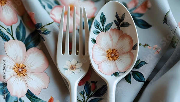 Fototapeta a delicate and artistic set of modern flatware, featuring a four-tine fork and an oval spoon. The utensils, likely made of ceramic or enamel-coated material, rest on a soft, powder-blue background.