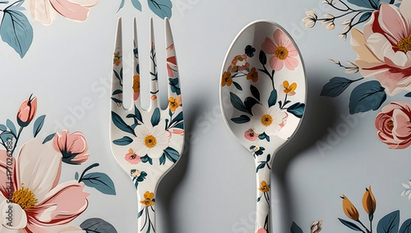 Fototapeta a contemporary and artistic set of flatware, featuring a four-tine fork and an oval spoon, set against a serene, powder-blue background adorned with oversized floral elements.