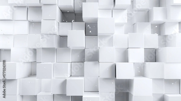 Fototapeta A three-dimensional arrangement of white cube. The composition forms an intricate design with a sense of depth and geometric appeal. The cubes are meticulously arranged.