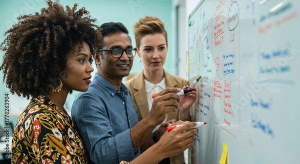 Fototapeta Diverse business team brainstorming ideas at whiteboard — perfect for innovation, strategy, teamwork, corporate training and startup content.