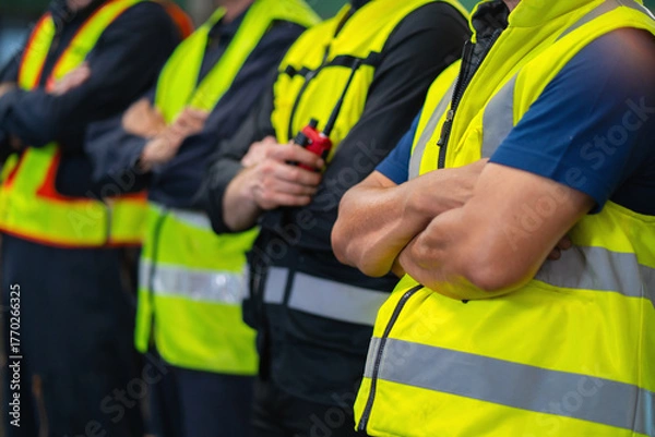 Obraz group of men in yellow safety vests stand together