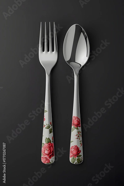Obraz a premium set of stainless steel cutlery, presenting a dinner fork and an oval spoon vertically against a dramatic black background.The handles feature a classic, vintage floral pattern set .