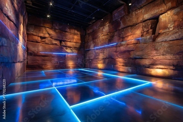 Obraz Futuristic Neon Light Room with Blue Illuminated Floor and Rock Walls