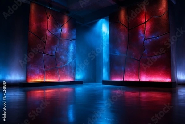 Obraz Futuristic Dark Room with Cracked Illuminated Walls and Vibrant Blue and Red Lighting
