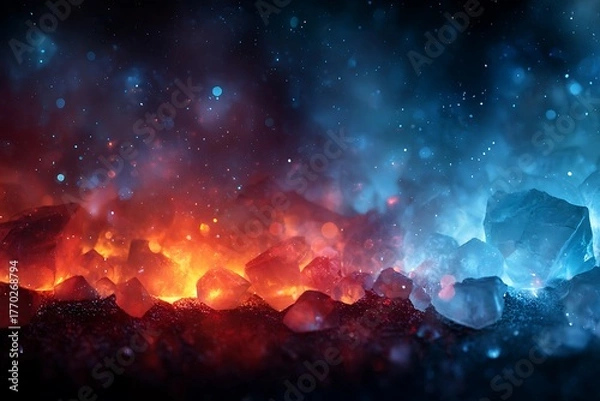 Obraz Vibrant Blue and Orange Abstract Cosmic Landscape with Glowing Rocks and Sparkling Particles