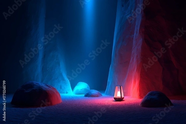 Obraz Mystical Cave Scene with Blue and Red Lighting and Lantern on Snowy Floor