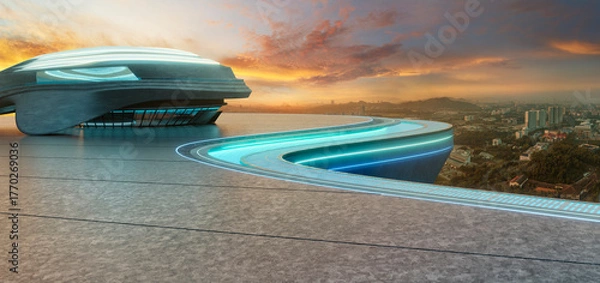 Fototapeta 3d rendering futuristic building with neon lights overlooking modern city at sunset