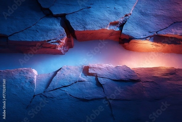 Obraz Cracked Rock Surface with Blue and Red Lighting in Artistic Landscape