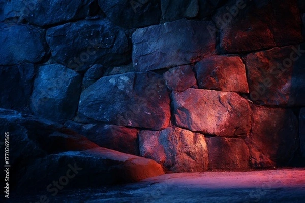Obraz Dark Stone Wall with Red and Blue Lighting in Dim Environment