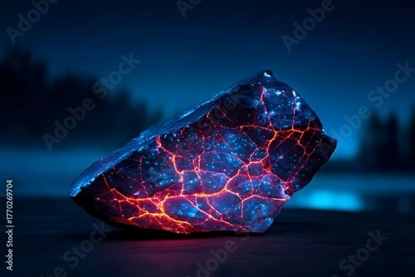 Obraz Glowing Lava Rock with Blue and Red Cracks on Dark Surface at Night