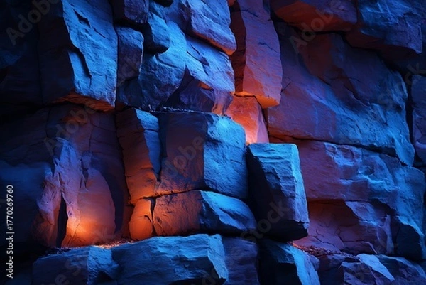 Obraz Colorful Blue and Red Illuminated Stone Wall with Dramatic Lighting
