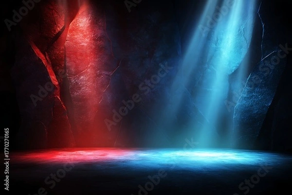 Obraz Vivid Red and Blue Light Beams Illuminating Cave Interior with Rocky Walls