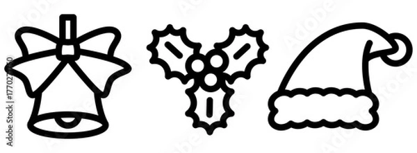 Obraz クリスマスのアイコン、ベル、柊、サンタクロースの帽子。ベクターイラスト。