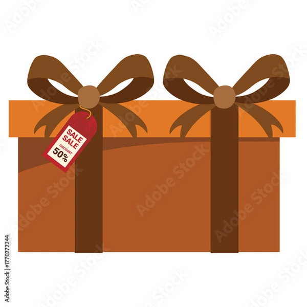 Fototapeta Two Brown Gift Boxes With Brown Ribbons and Bows Attached And A Red Sale Tag Showing 50% Off On A Transparent Background For Retail Promotions And Seasonal Shopping Events