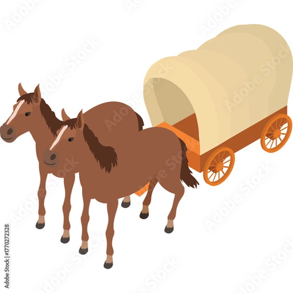 Fototapeta Two brown horses pull an orange and beige covered wagon across a white background in an isometric view