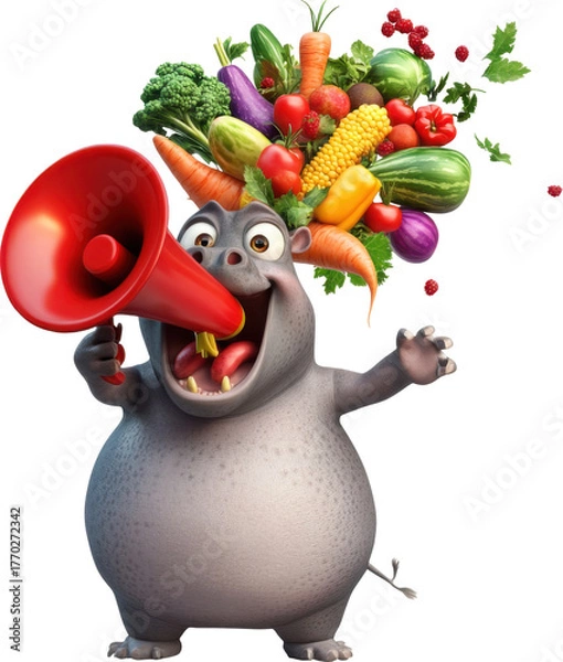 Obraz Hippo megaphone advertising healthy food assortment isolated on transparent background