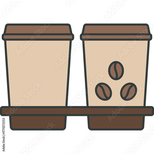 Fototapeta Two brown paper coffee cups with lids and coffee beans design on one cup held by a dark brown cardboard tray isolated on a transparent background
