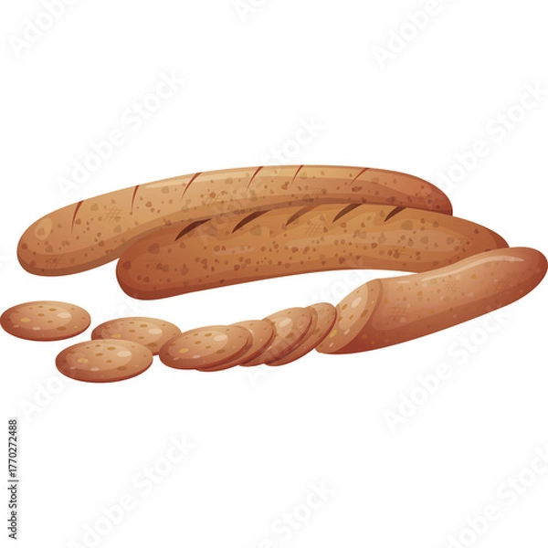 Fototapeta Two Brown Sausage Links One Whole and One Sliced with Sausage Slices on a Transparent Background