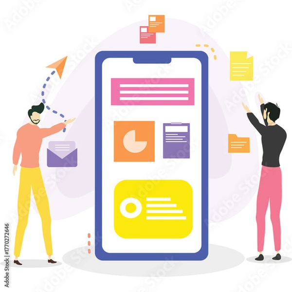 Fototapeta Two Businessmen Collaborating on a Mobile App Development Project with Data Visualizations and Files in a Studio Setting with Purple Background and Orange Accents