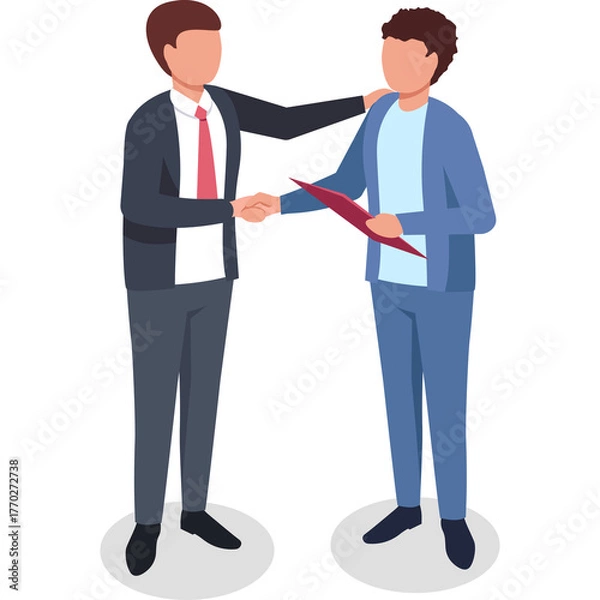 Fototapeta Two businessmen in suits shaking hands with one placing a hand on the other's shoulder a document is held between them representing partnership and agreement in a professional setting