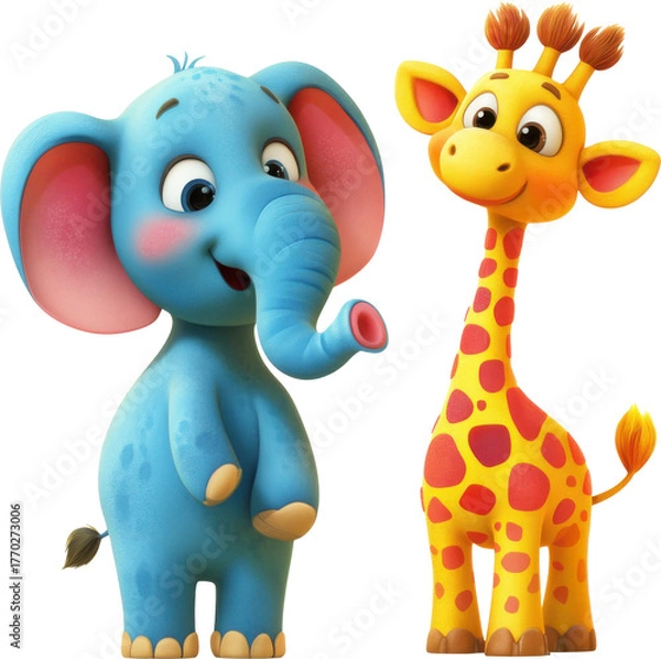 Obraz Elephant and giraffe cartoon characters isolated on transparent background