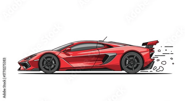 Fototapeta Dynamic red sports car speeding with motion blur and dust trails, capturing exhilaration and high performance adventure