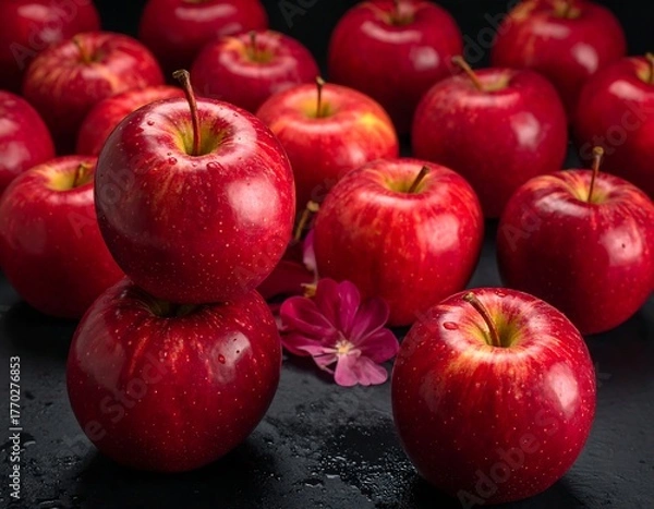 Obraz Group of fresh red fruit atop a dark surface, some with stems