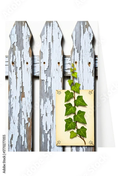 Obraz Blank greeting card with ivy on a weathered white picket fence isolated on transparent background