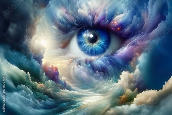 Fototapeta Abstract eye blending with clouds and light, symbolizing inner vision and awareness.
